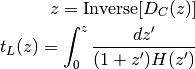 z = {\rm Inverse}[ D_C(z) ] \\
t_L(z) = \int_0^z \frac{dz'}{(1+z') H(z')}