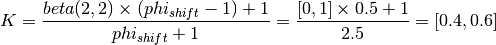 K = \frac{beta(2,2) \times (phi_{shift} - 1) + 1}{phi_{shift} + 1} = \frac{[0,1] \times 0.5 + 1 }{2.5} = [0.4,0.6]