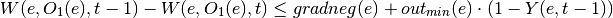 W(e,O_1(e),t-1) - W(e,O_1(e),t) \leq gradneg(e) + out_{min}(e)     \cdot (1 - Y(e,t-1))