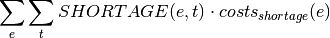 \sum_e \sum_t SHORTAGE(e,t) \cdot costs_{shortage}(e)