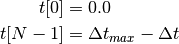 t[0] &= 0.0 \\
t[N-1] &= \Delta t_{max} - \Delta t