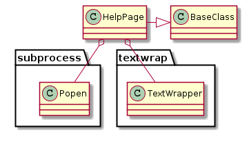 HelpPage -|> BaseClass
HelpPage o- subprocess.Popen
HelpPage o- textwrap.TextWrapper