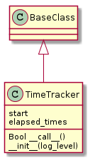BaseClass <|-- TimeTracker
TimeTracker : Bool __call__()
TimeTracker : start
TimeTracker : elapsed_times
TimeTracker : __init__(log_level)